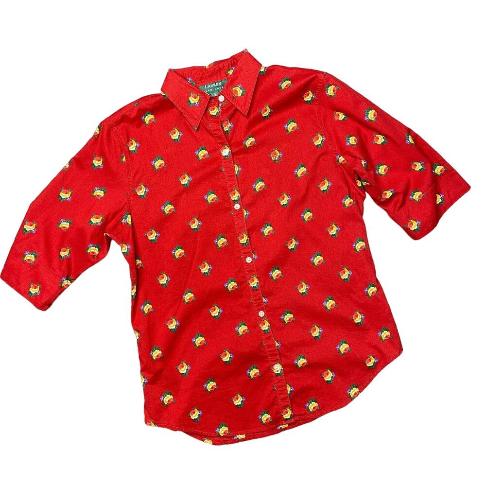 LAUREN RALPH LAUREN | sz S  Women's Vintage Red Floral/Micro Dot Button Down Top